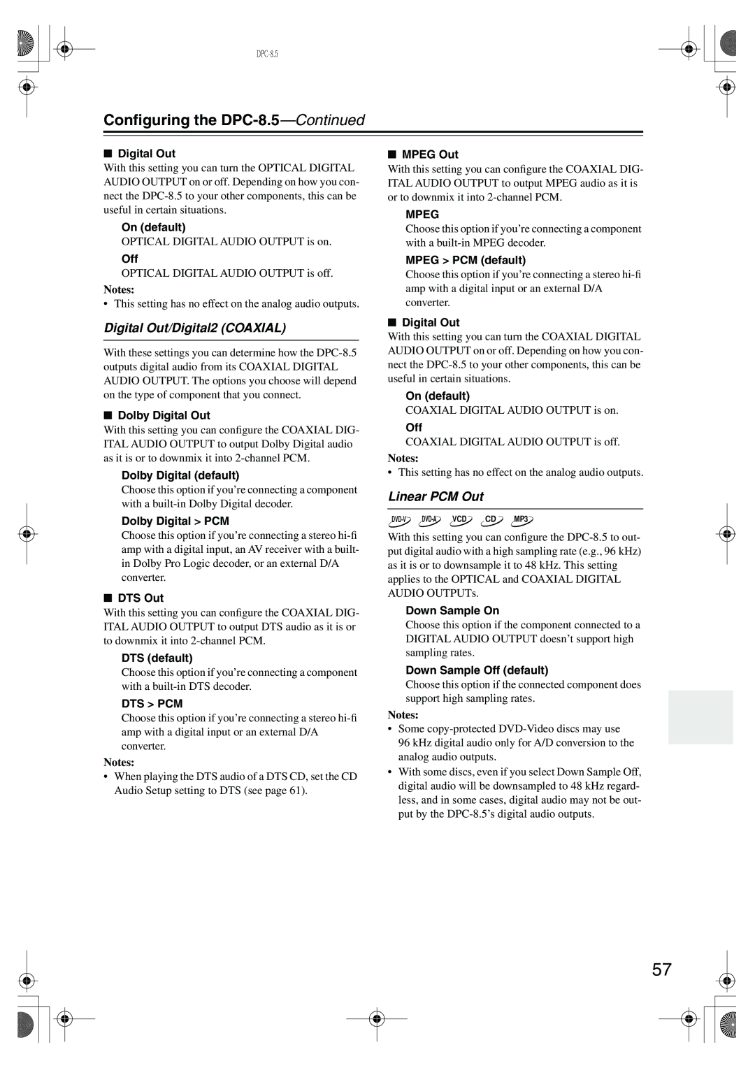 Integra DPC-8.5 instruction manual Digital Out/Digital2 Coaxial, Linear PCM Out 