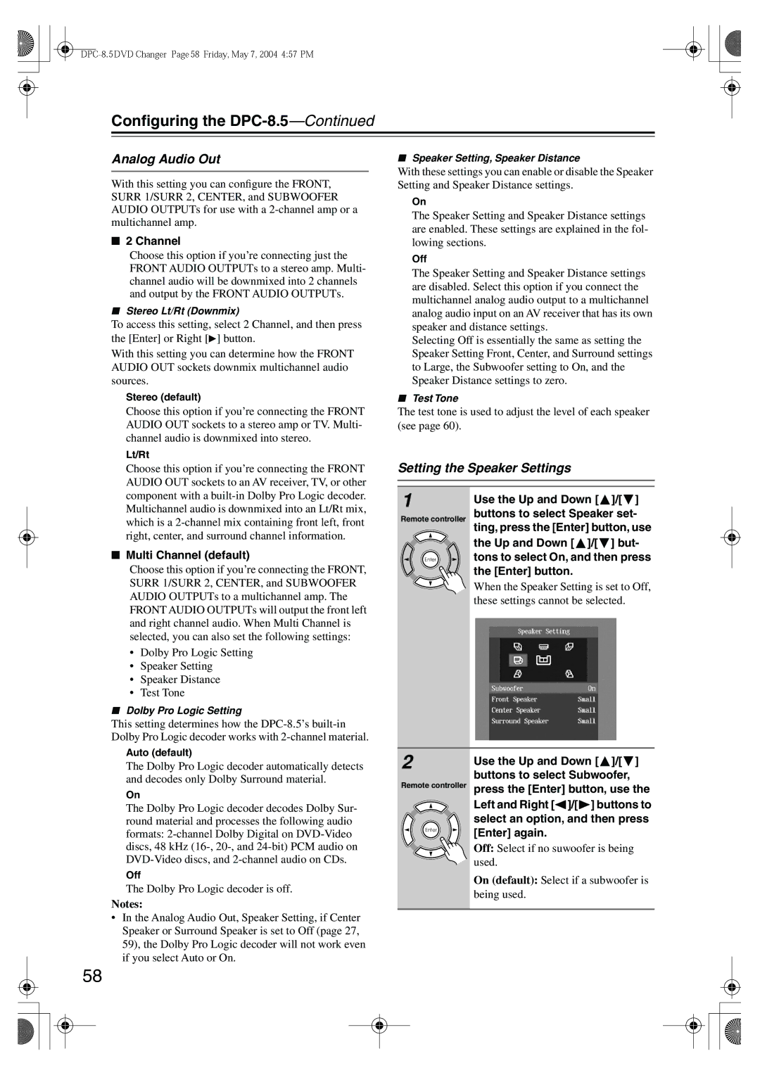 Integra DPC-8.5 instruction manual Analog Audio Out, Setting the Speaker Settings 