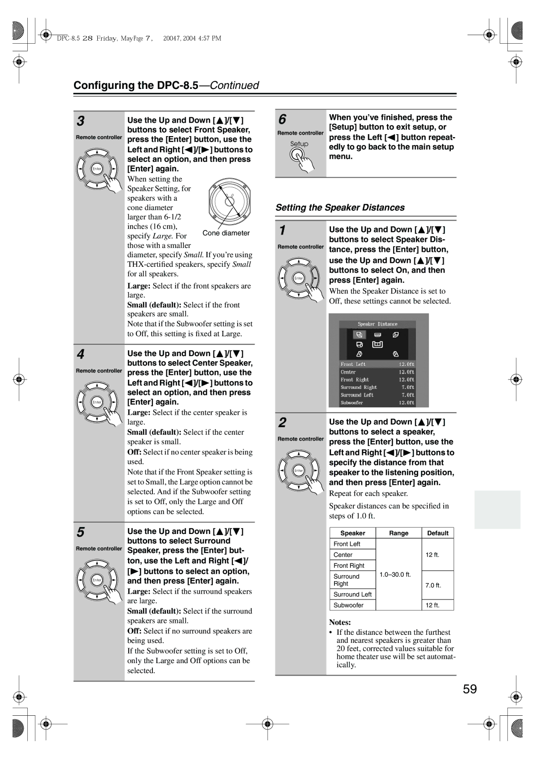 Integra DPC-8.5 instruction manual Setting the Speaker Distances 