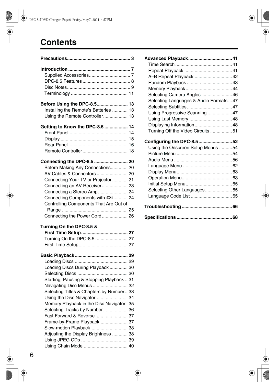 Integra DPC-8.5 instruction manual Contents 