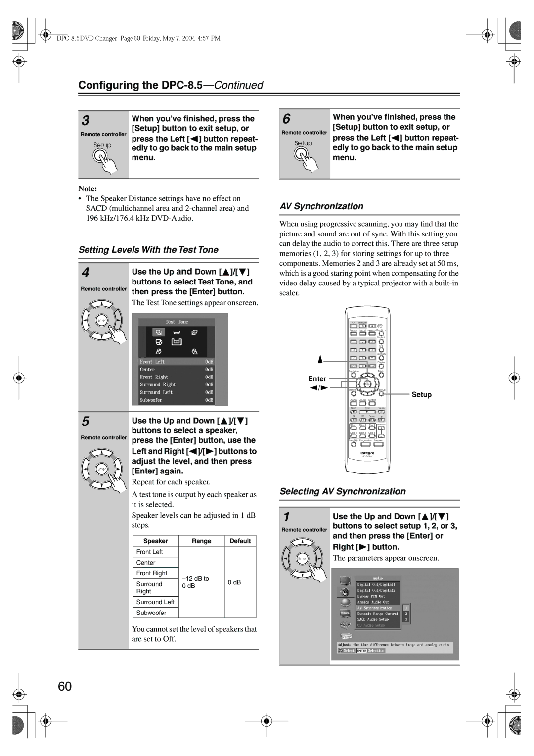 Integra DPC-8.5 instruction manual Setting Levels With the Test Tone, Selecting AV Synchronization 