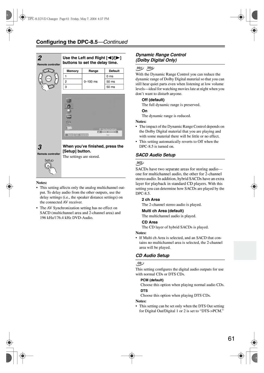 Integra DPC-8.5 instruction manual Dynamic Range Control Dolby Digital Only, Sacd Audio Setup, CD Audio Setup 