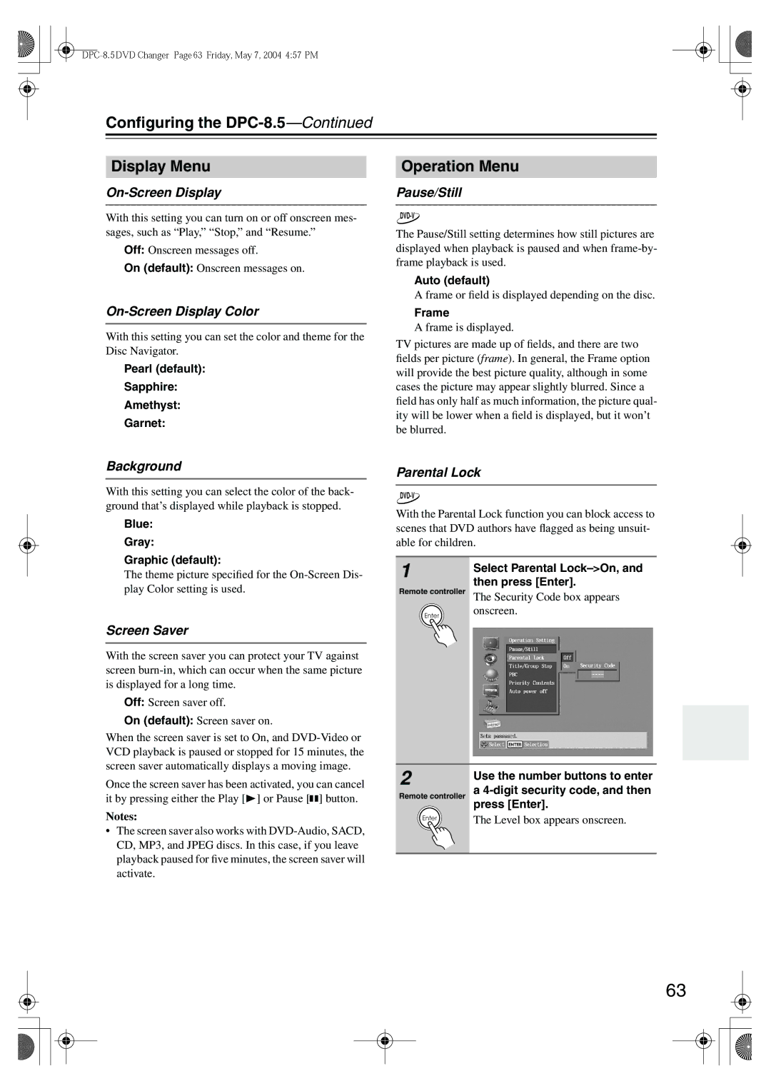 Integra instruction manual Conﬁguring the DPC-8.5 Display Menu, Operation Menu 