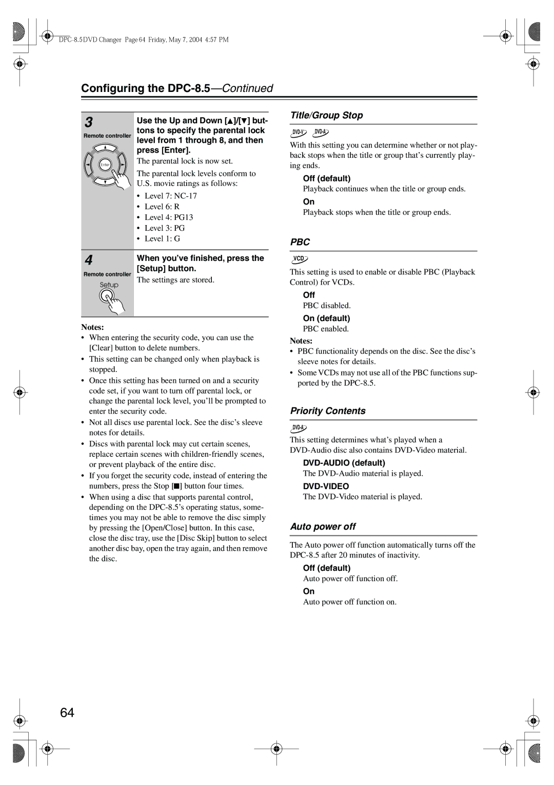 Integra DPC-8.5 instruction manual Title/Group Stop, Priority Contents, Auto power off 