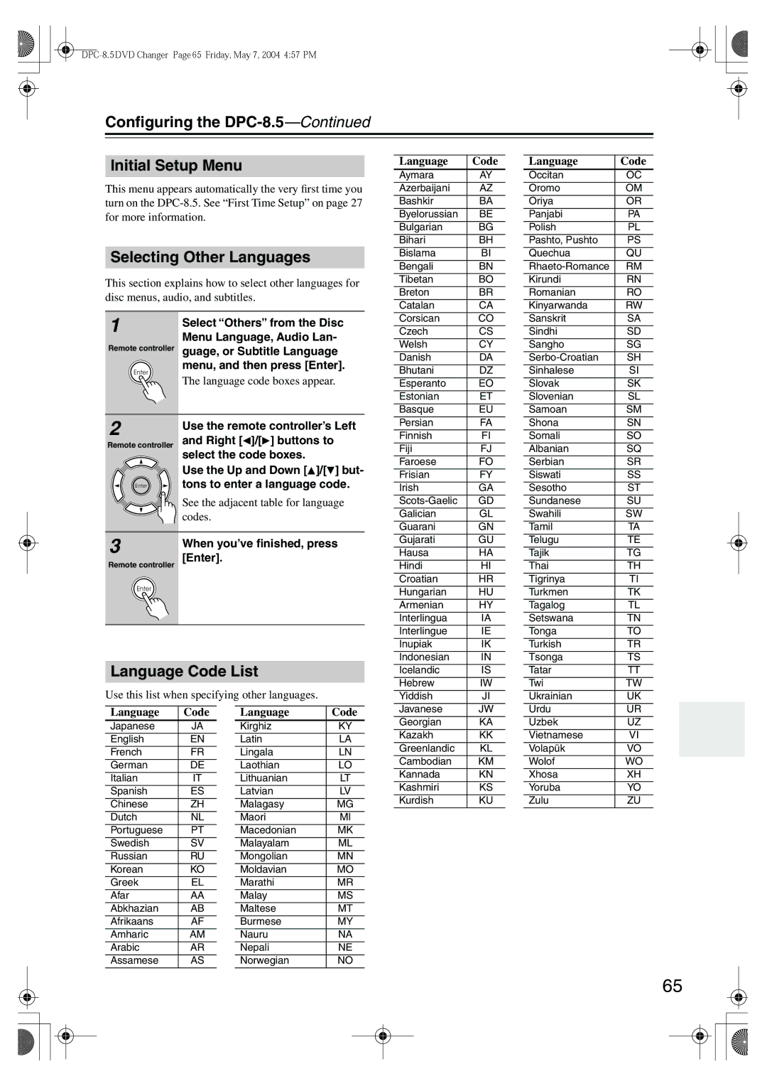 Integra Conﬁguring the DPC-8.5 Initial Setup Menu, Selecting Other Languages, Language Code List, Enter 