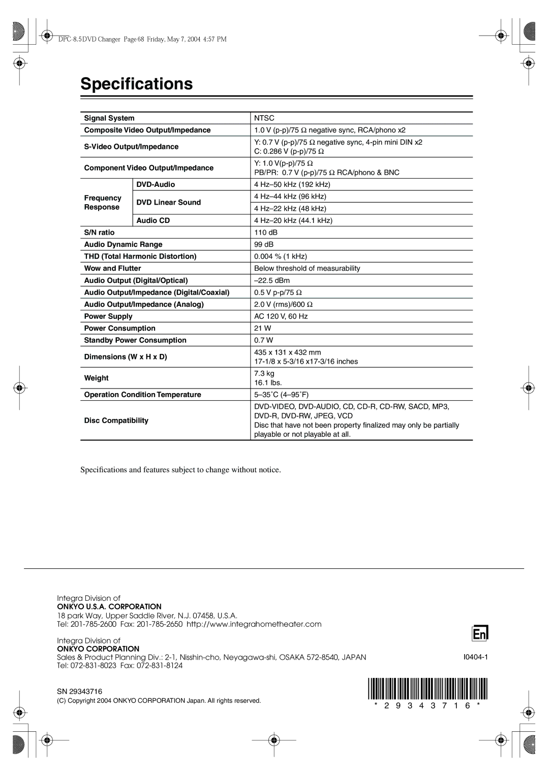 Integra DPC-8.5 instruction manual Speciﬁcations 