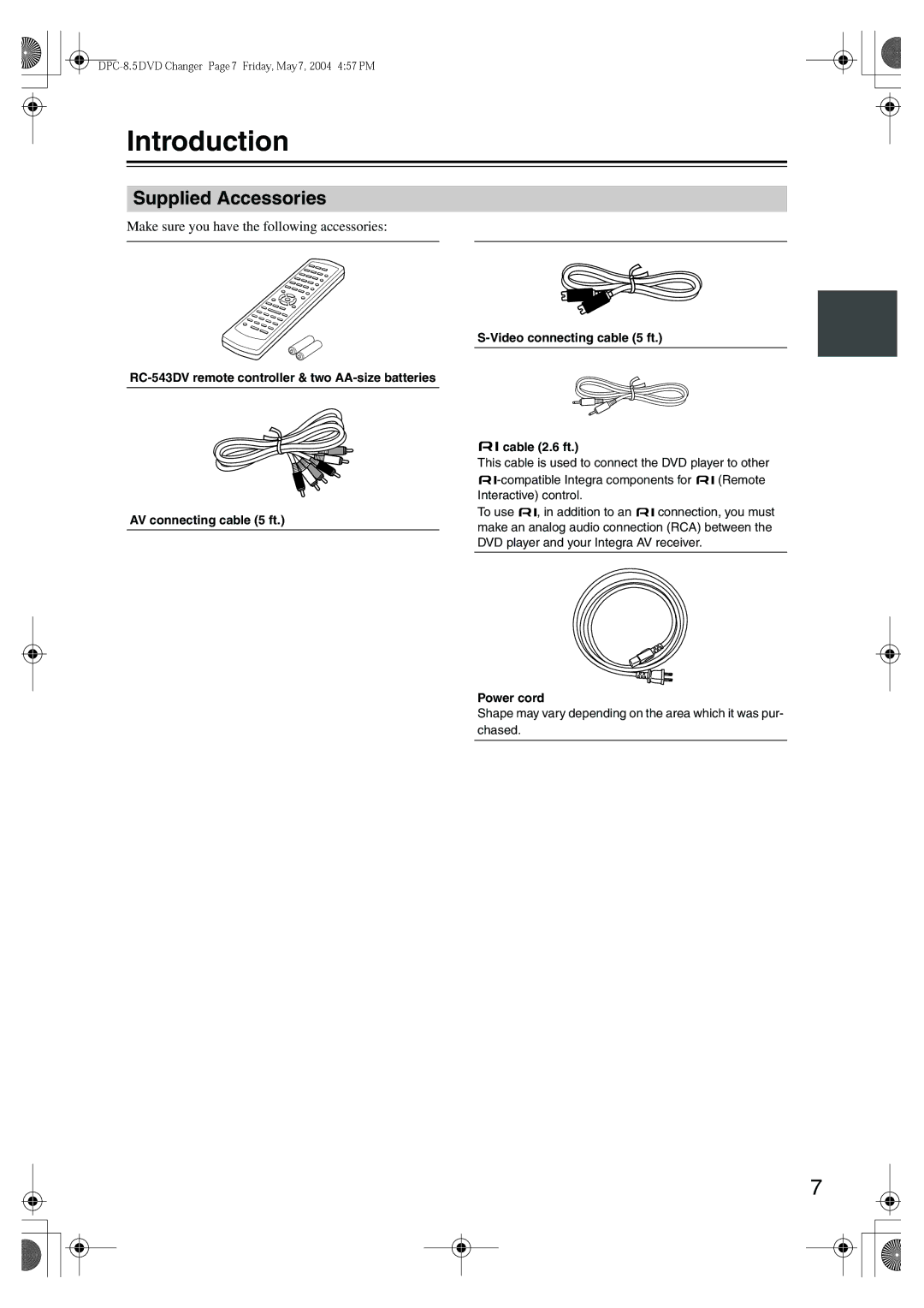 Integra DPC-8.5 instruction manual Introduction, Supplied Accessories, Power cord 