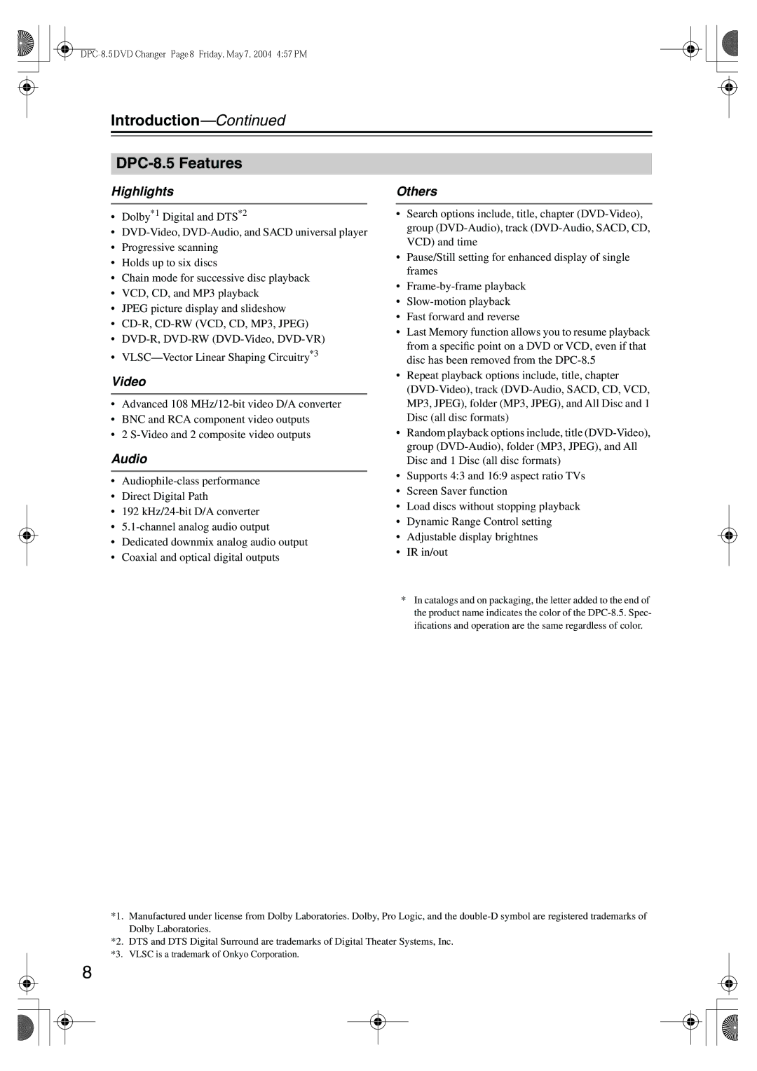 Integra instruction manual Introduction DPC-8.5 Features, Highlights, Video, Audio, Others 