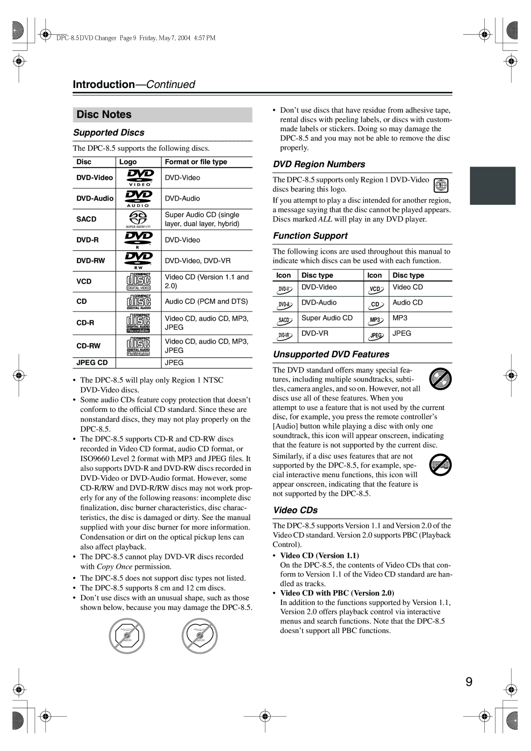 Integra DPC-8.5 instruction manual Introduction Disc Notes 