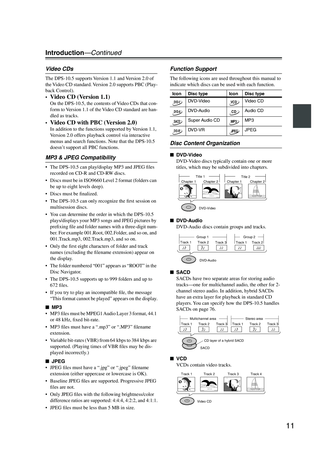 Integra DPS-10.5 instruction manual Video CDs, MP3 & Jpeg Compatibility, Function Support, Disc Content Organization 