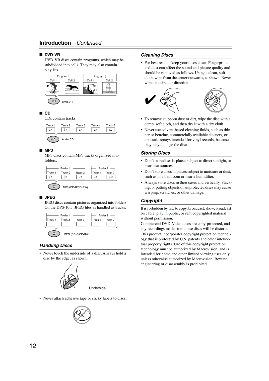 Integra DPS-10.5 instruction manual Handling Discs, Cleaning Discs, Storing Discs, Copyright 