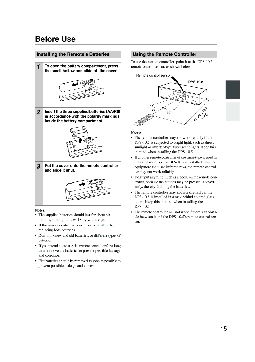 Integra DPS-10.5 instruction manual Before Use, Installing the Remote’s Batteries, Using the Remote Controller 