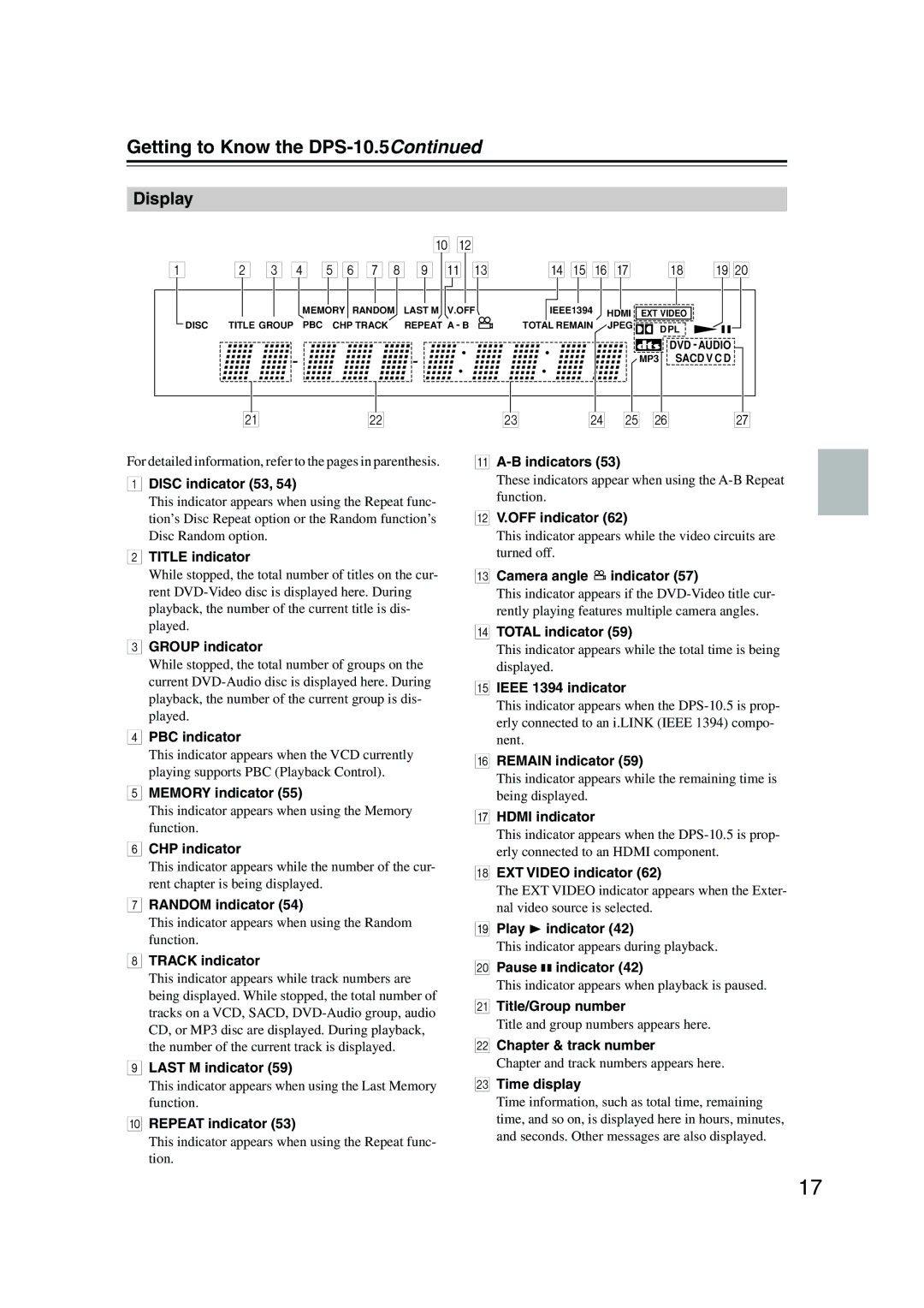 Integra instruction manual Getting to Know the DPS-10.5, Display 