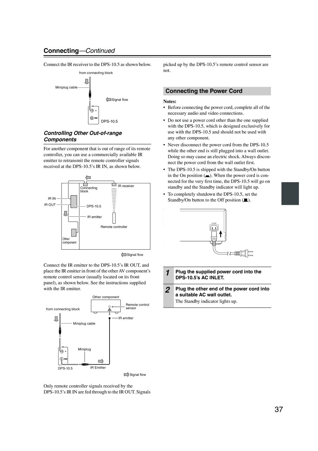 Integra DPS-10.5 instruction manual Connecting the Power Cord, Controlling Other Out-of-range Components 