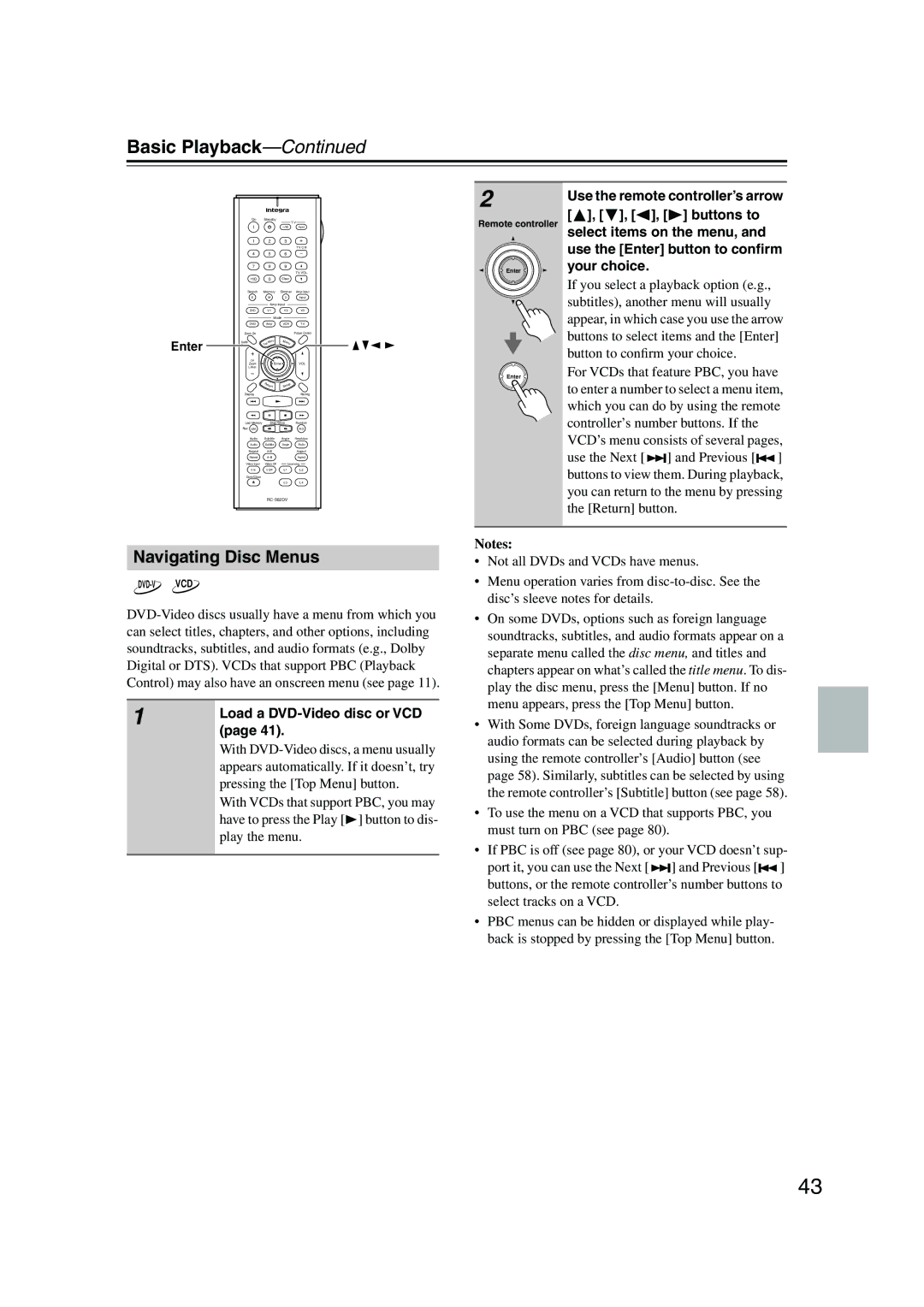 Integra DPS-10.5 Navigating Disc Menus, Load a DVD-Video disc or VCD, Pressing the Top Menu button, Play the menu 