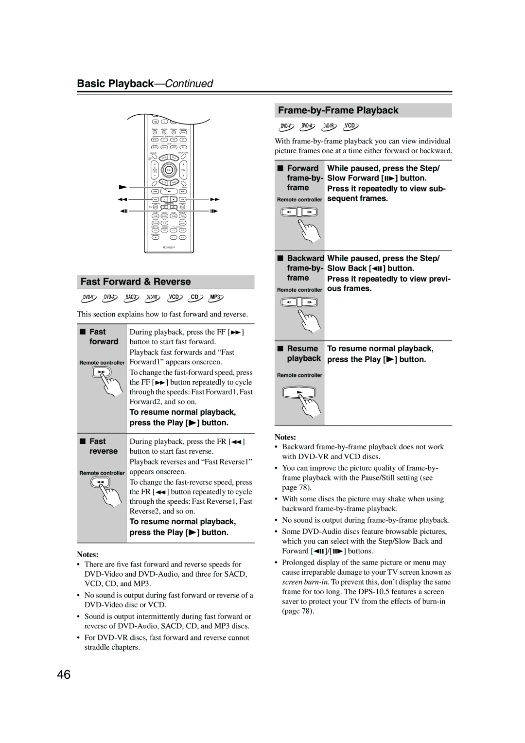 Integra DPS-10.5 instruction manual Fast Forward & Reverse, Frame-by-Frame Playback 