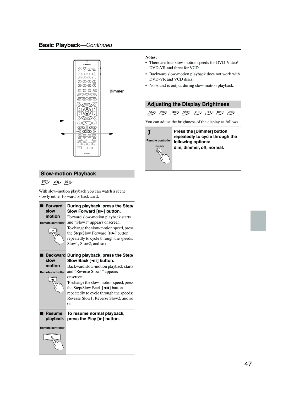 Integra DPS-10.5 instruction manual Adjusting the Display Brightness, Slow-motion Playback 