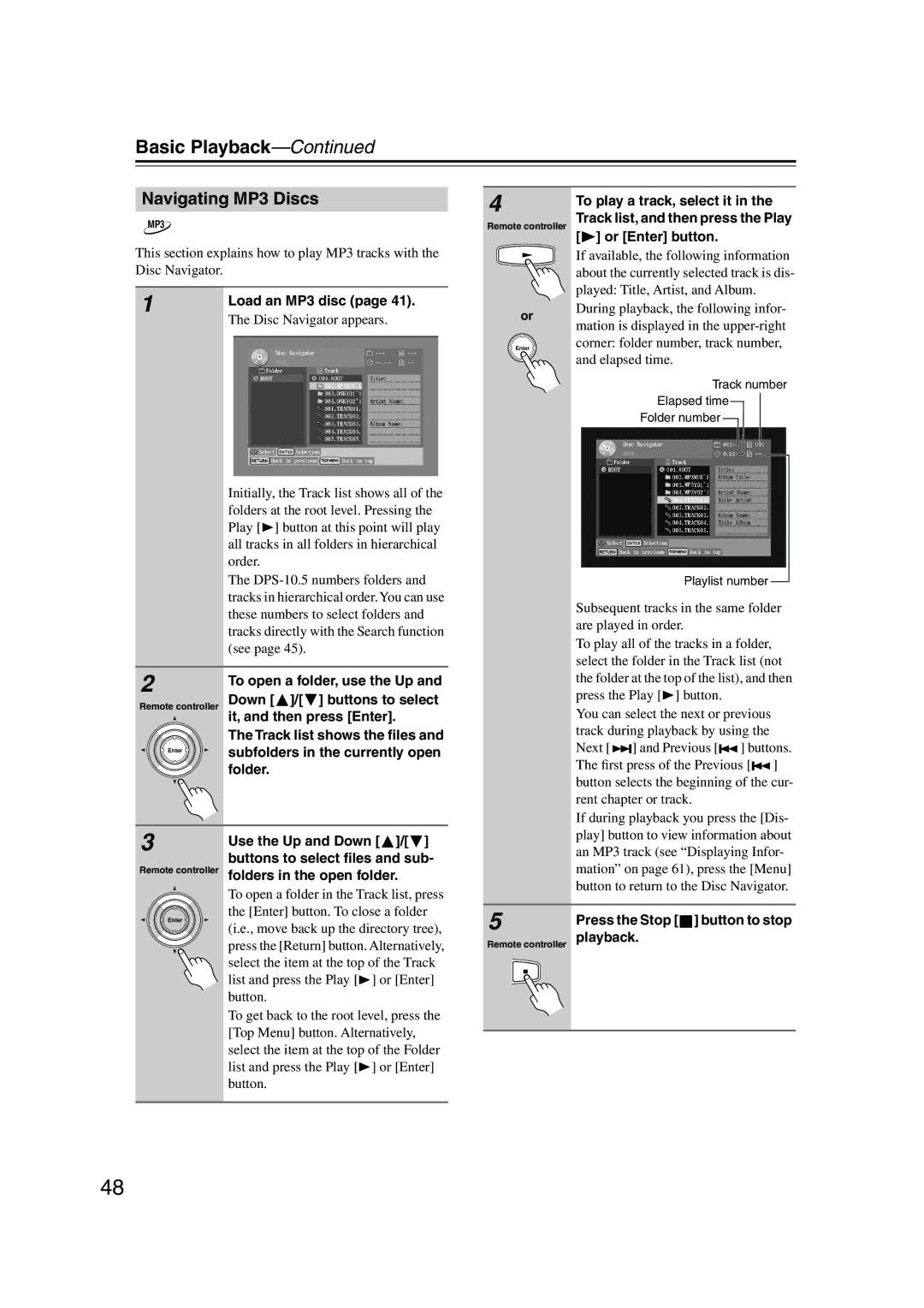 Integra DPS-10.5 instruction manual Navigating MP3 Discs 