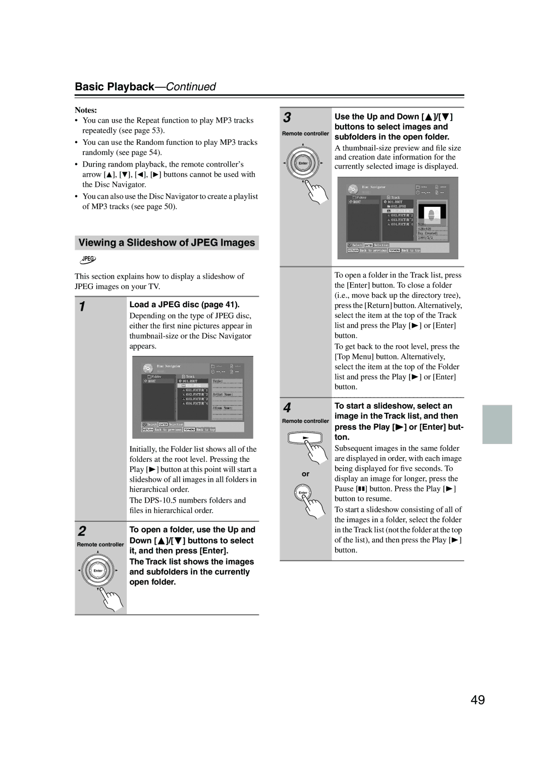 Integra DPS-10.5 instruction manual Viewing a Slideshow of Jpeg Images 