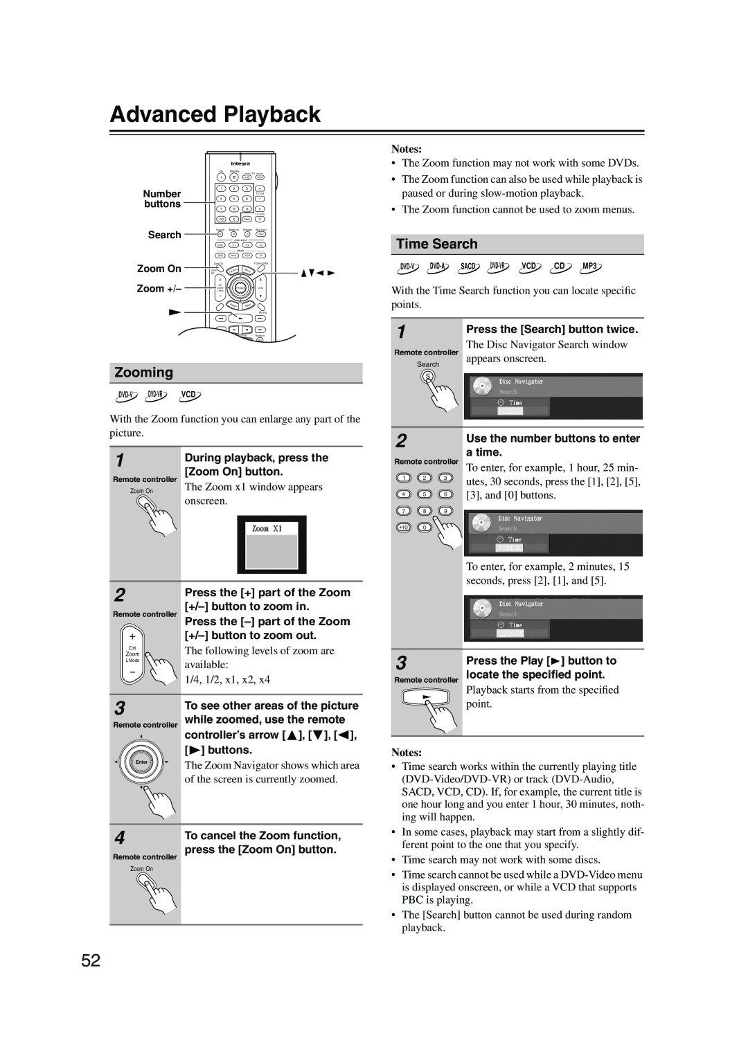 Integra DPS-10.5 instruction manual Advanced Playback, Zooming, Time Search 