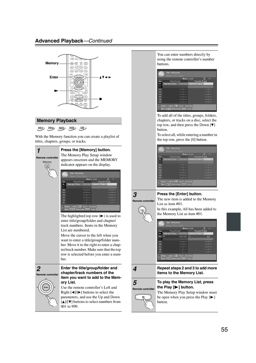 Integra DPS-10.5 Memory Playback, Press the Enter button, Items to the Memory List, To play the Memory List, press 