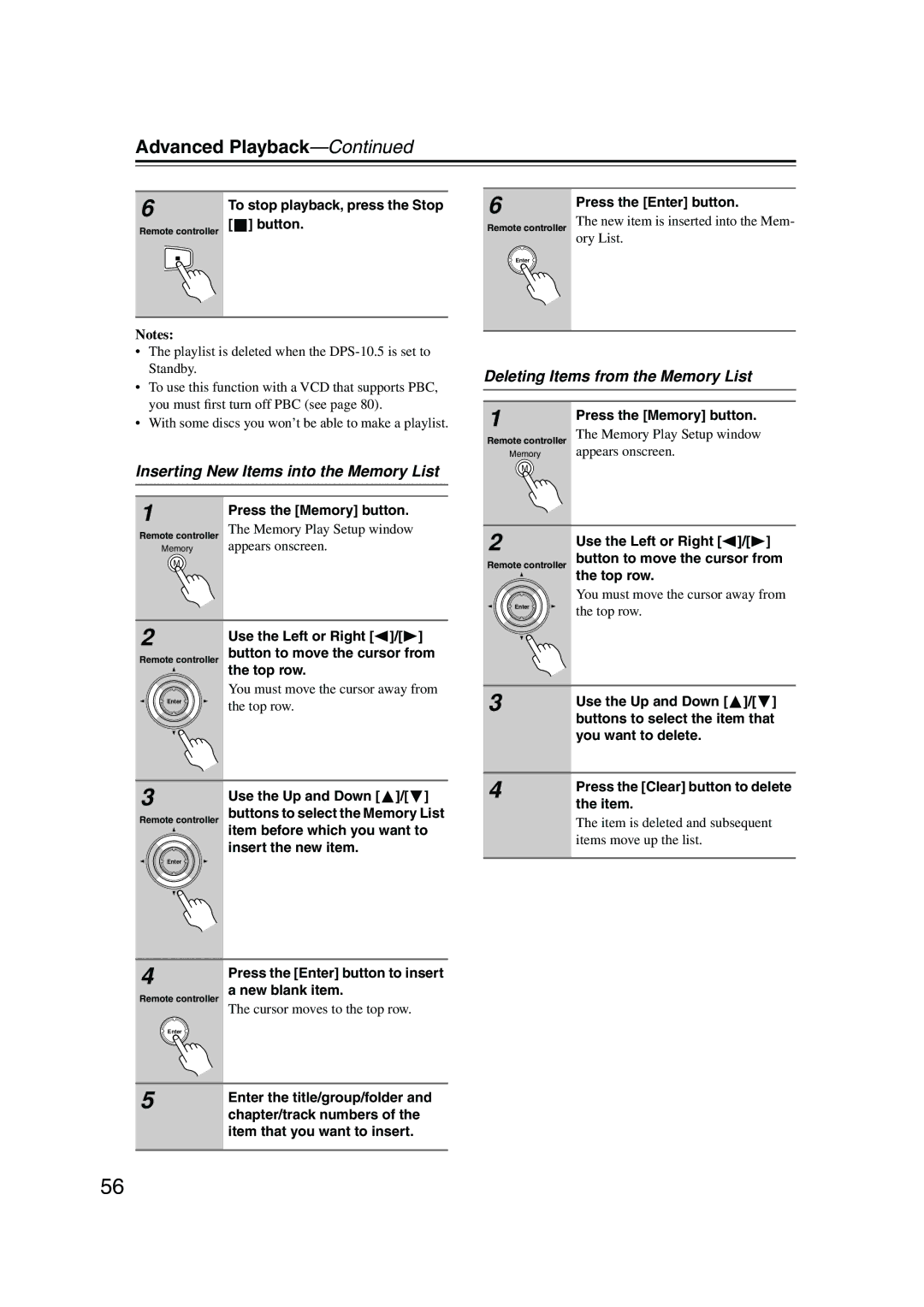 Integra DPS-10.5 instruction manual Inserting New Items into the Memory List, Deleting Items from the Memory List 