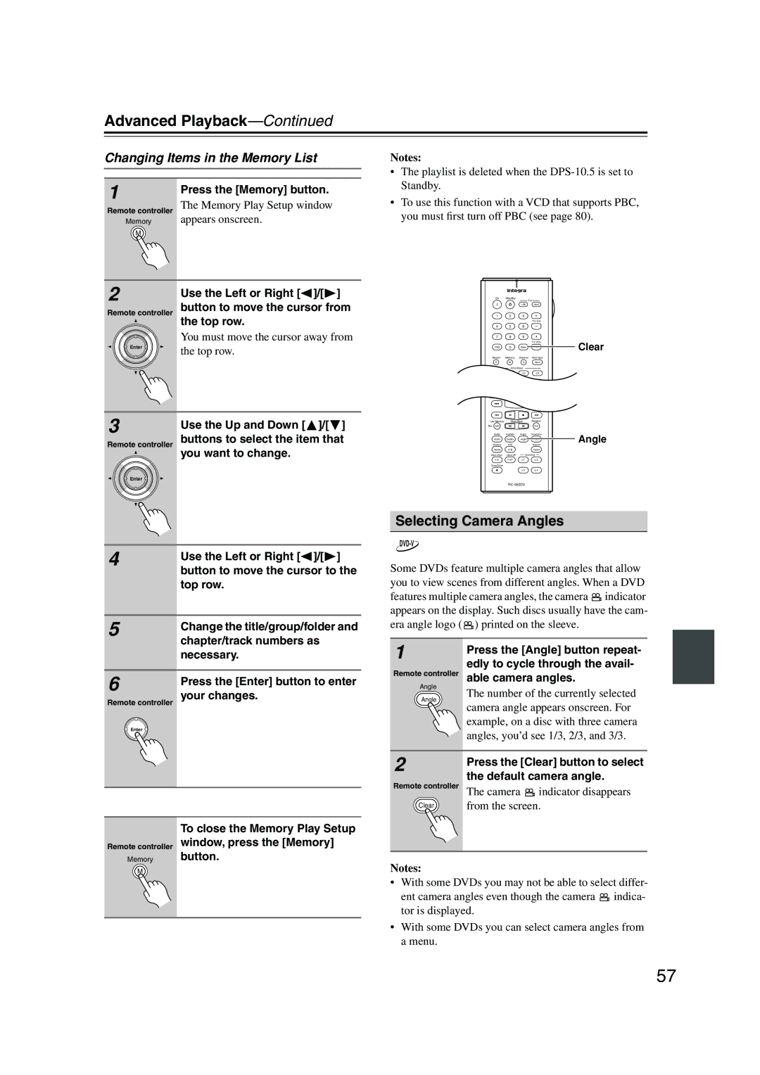 Integra DPS-10.5 instruction manual Selecting Camera Angles, Changing Items in the Memory List 