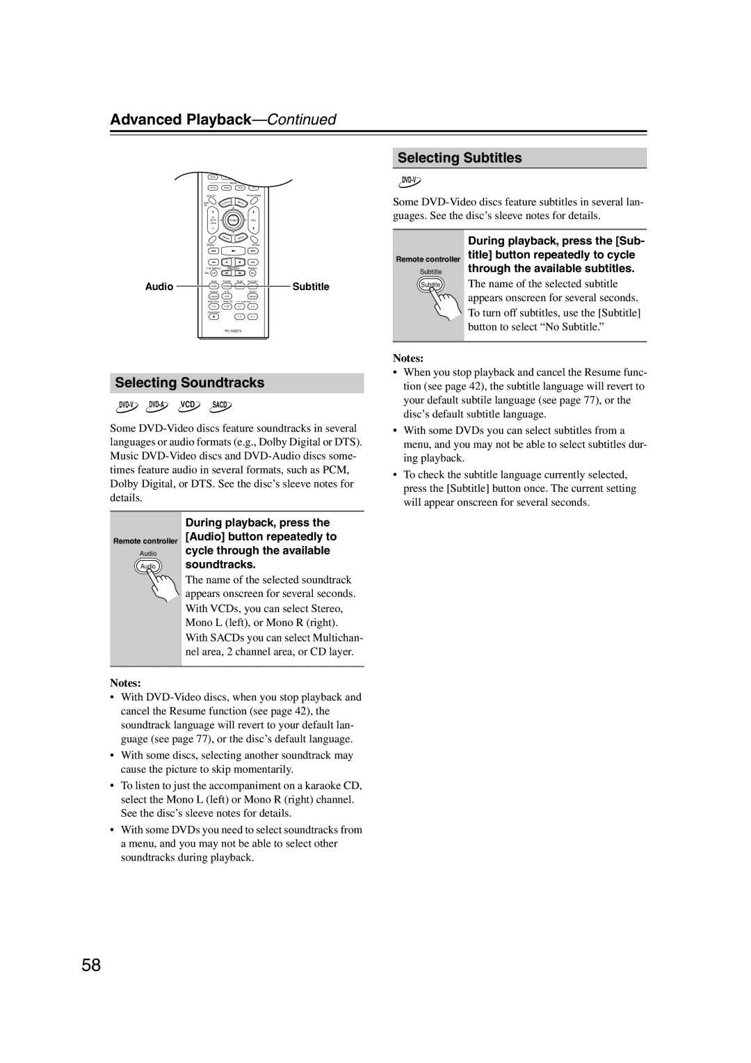 Integra DPS-10.5 instruction manual Selecting Subtitles, Selecting Soundtracks 