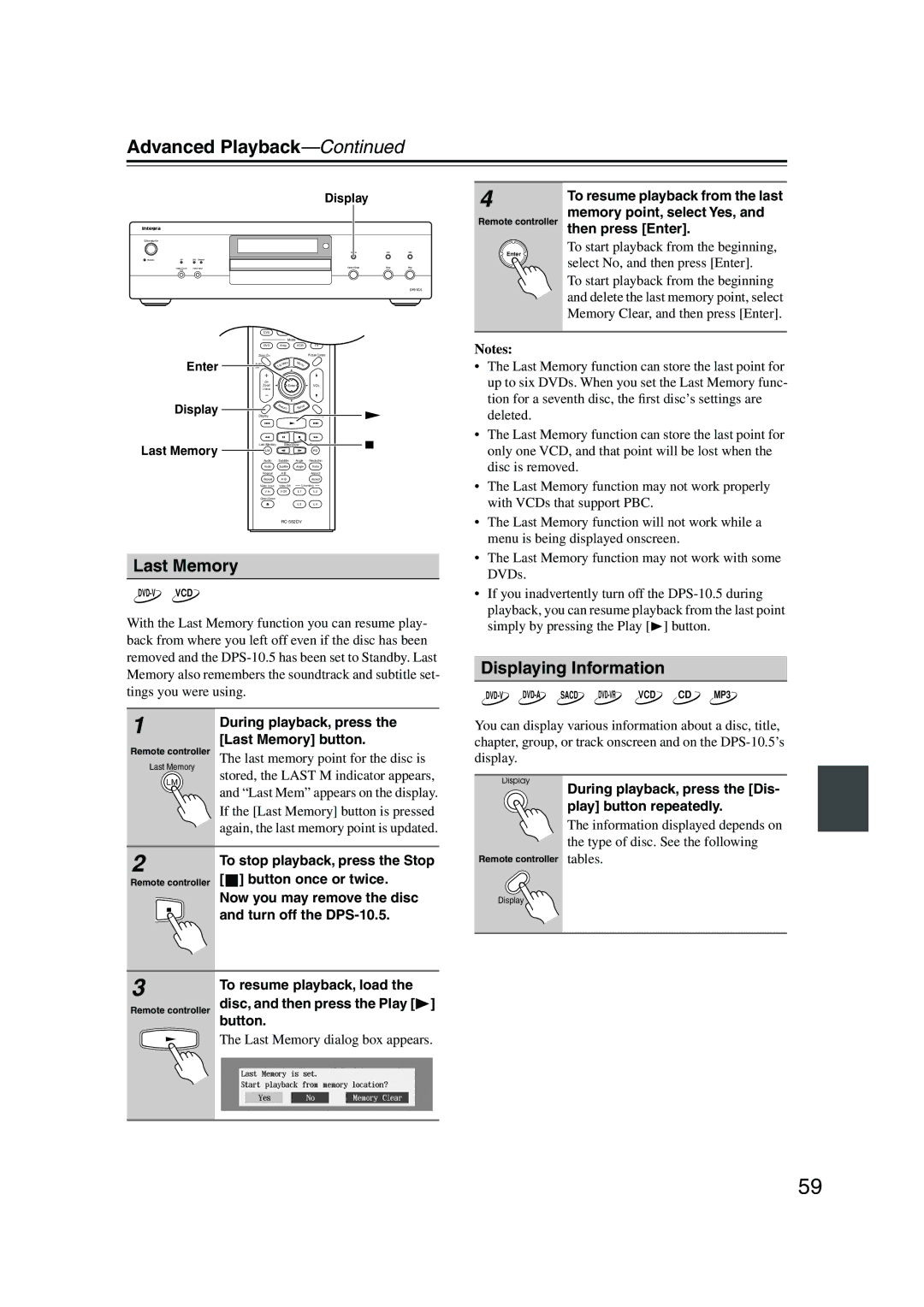 Integra DPS-10.5 instruction manual Last Memory, Displaying Information 