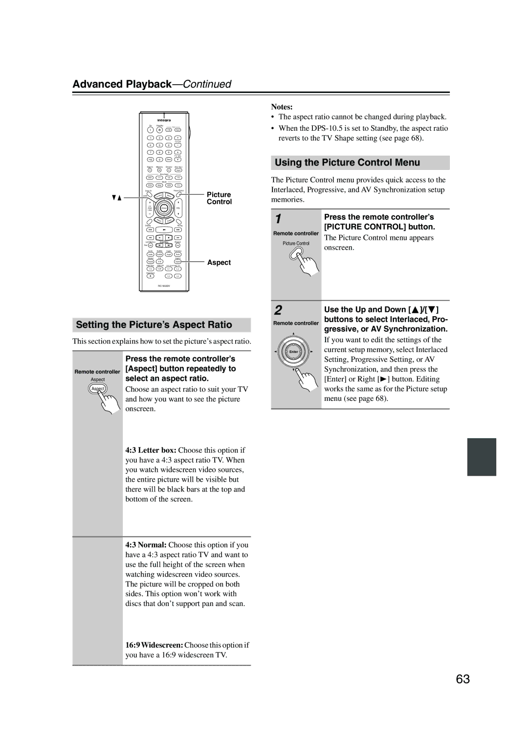 Integra DPS-10.5 Using the Picture Control Menu, Setting the Picture’s Aspect Ratio, Press the remote controller’s 