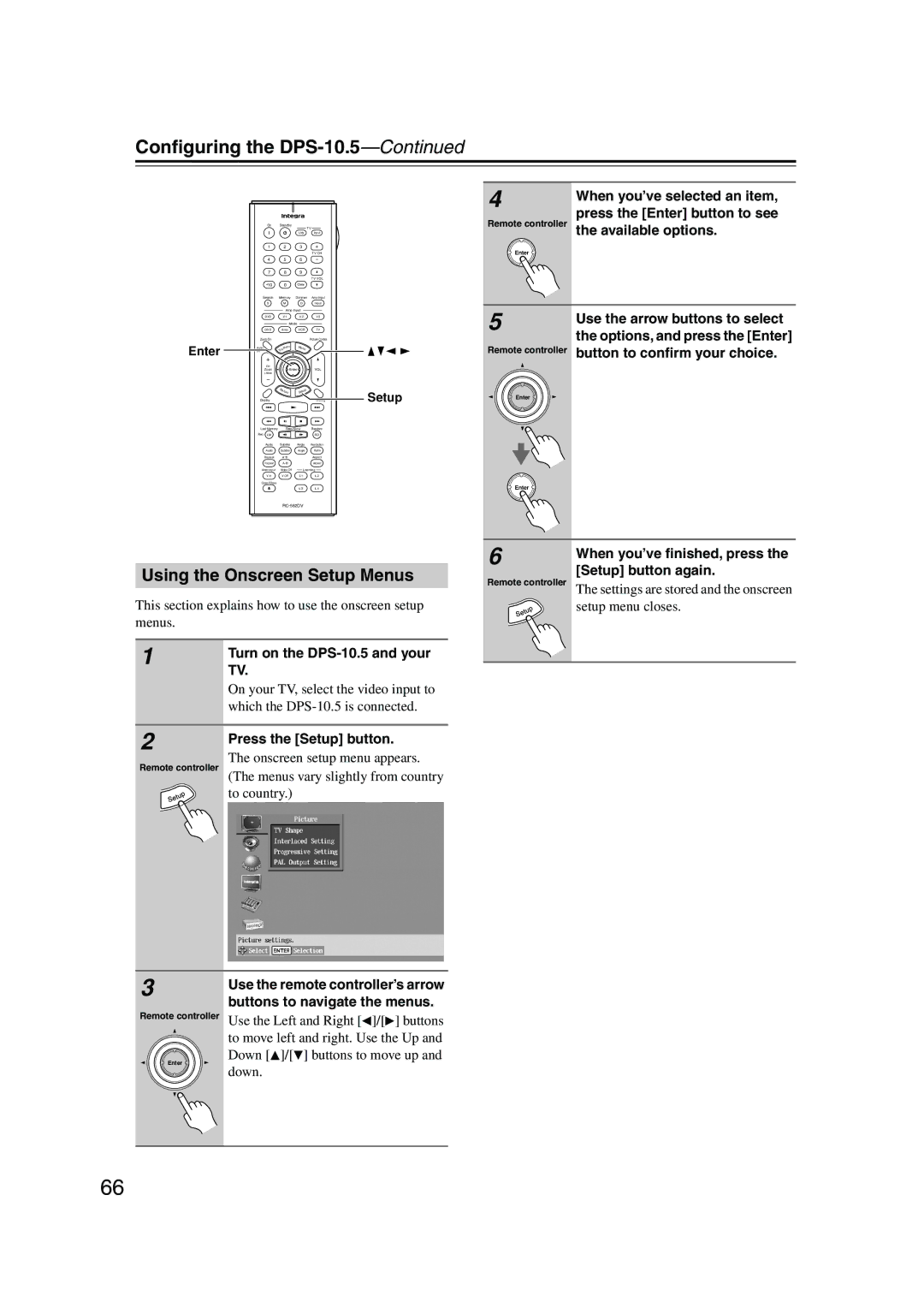 Integra DPS-10.5 instruction manual Using the Onscreen Setup Menus 