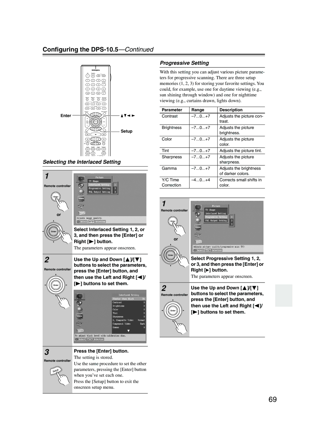 Integra DPS-10.5 instruction manual Selecting the Interlaced Setting, Progressive Setting 