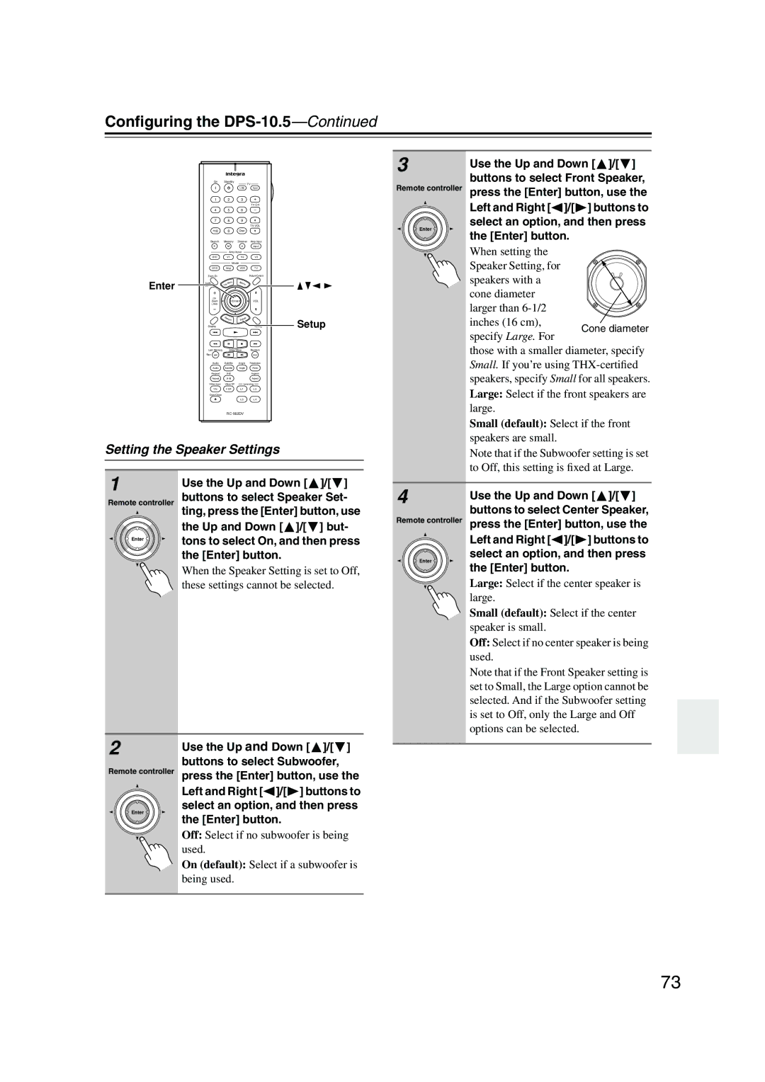 Integra DPS-10.5 instruction manual Setting the Speaker Settings 