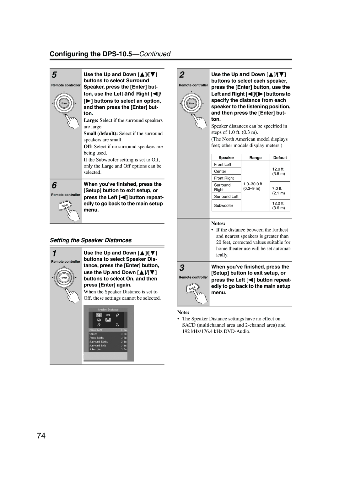 Integra DPS-10.5 Setting the Speaker Distances, Buttons to select an option, Then press the Enter but- ton 