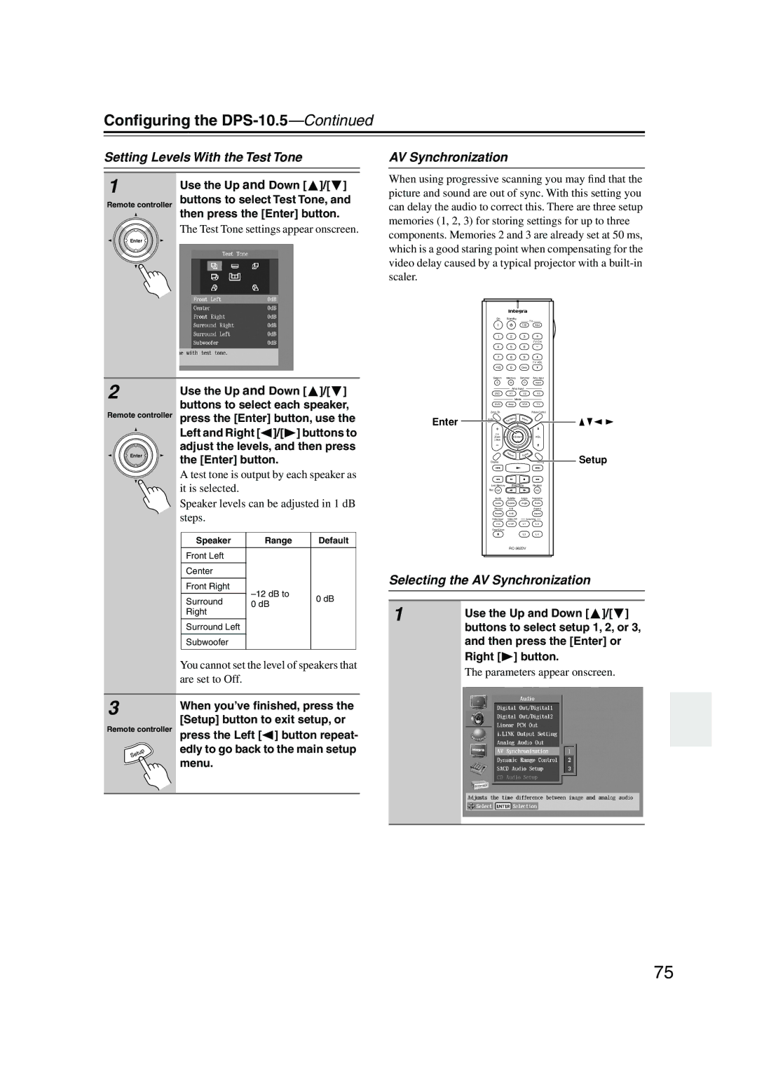 Integra DPS-10.5 Setting Levels With the Test Tone, Selecting the AV Synchronization, Buttons to select Test Tone 