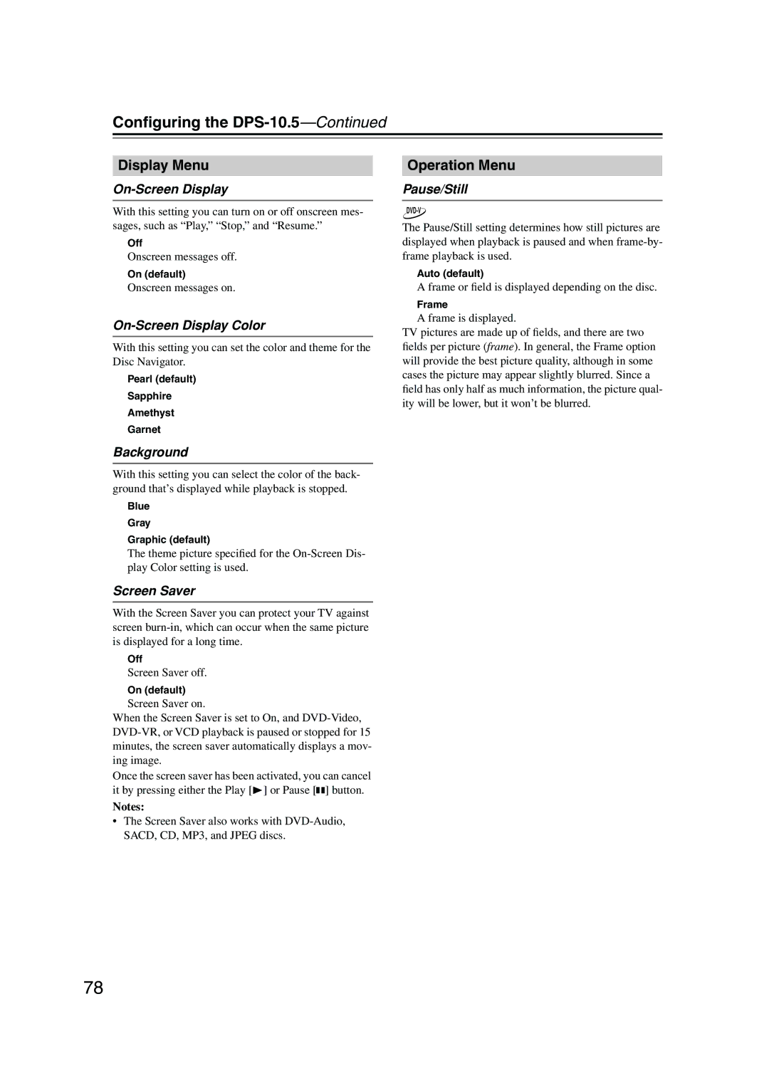 Integra DPS-10.5 instruction manual Display Menu, Operation Menu 