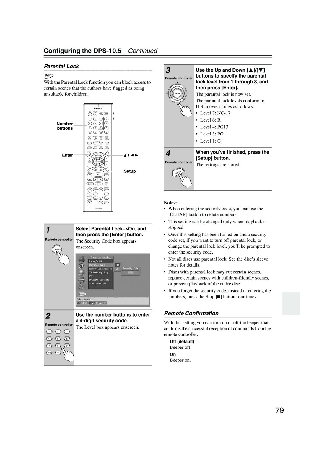 Integra DPS-10.5 Remote Conﬁrmation, Select Parental Lock-On, Remote controller The Security Code box appears 