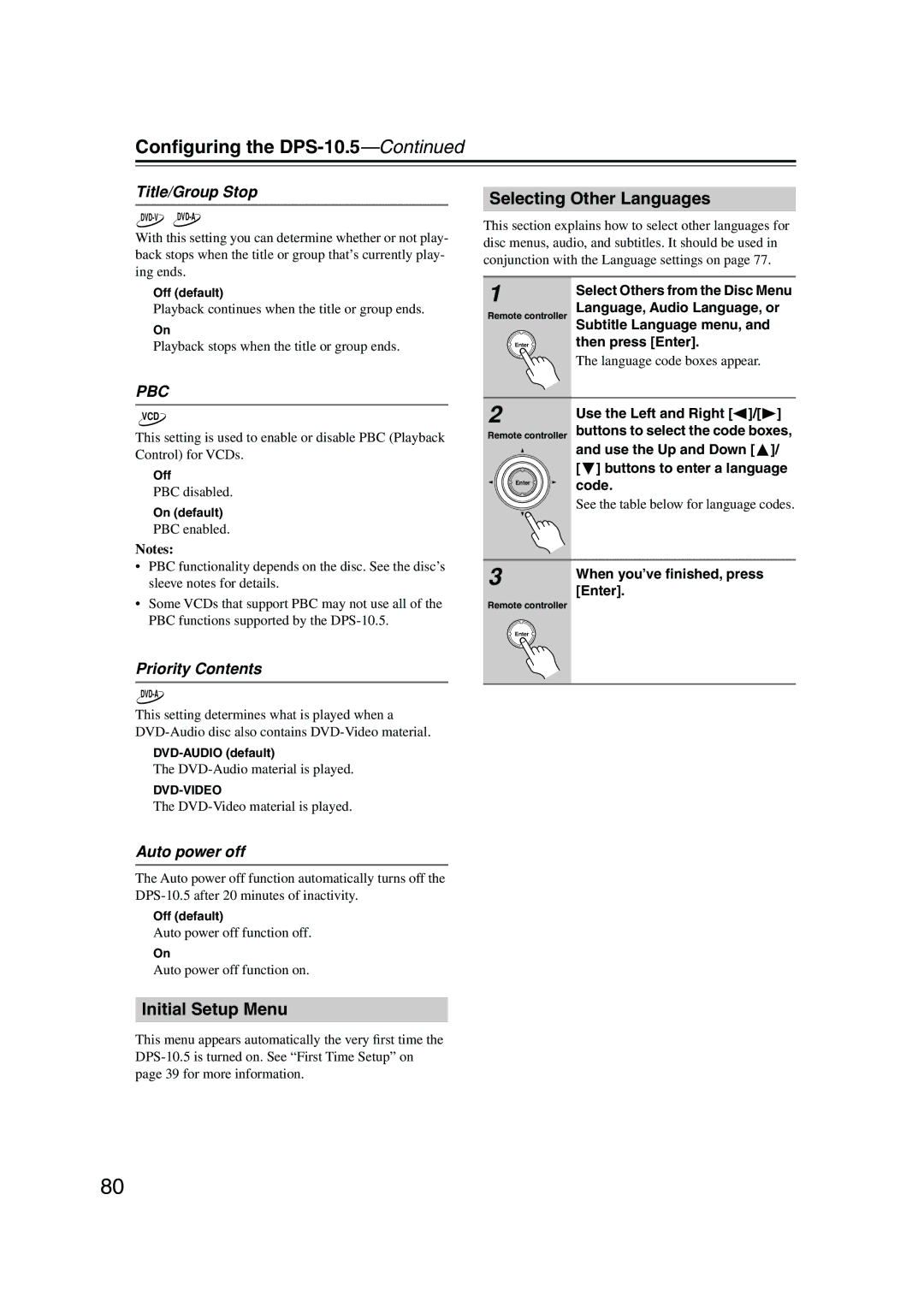 Integra DPS-10.5 Initial Setup Menu, Selecting Other Languages, Title/Group Stop, Priority Contents, Auto power off 