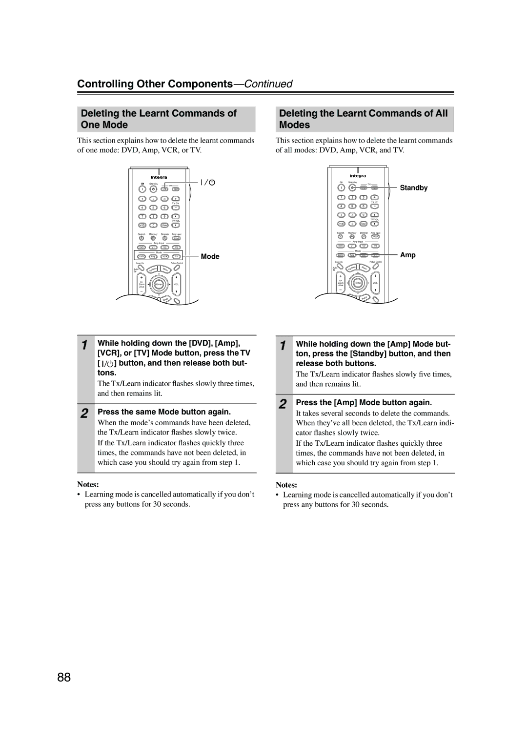 Integra DPS-10.5 instruction manual Deleting the Learnt Commands of One Mode, Deleting the Learnt Commands of All Modes 