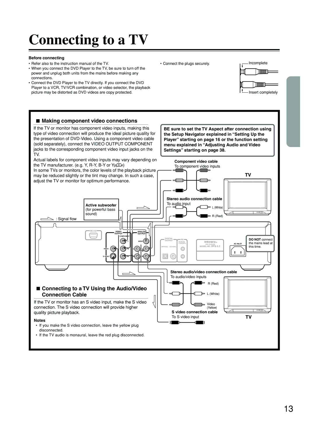 Integra DPS-5.2 instruction manual Connecting to a TV, Making component video connections 