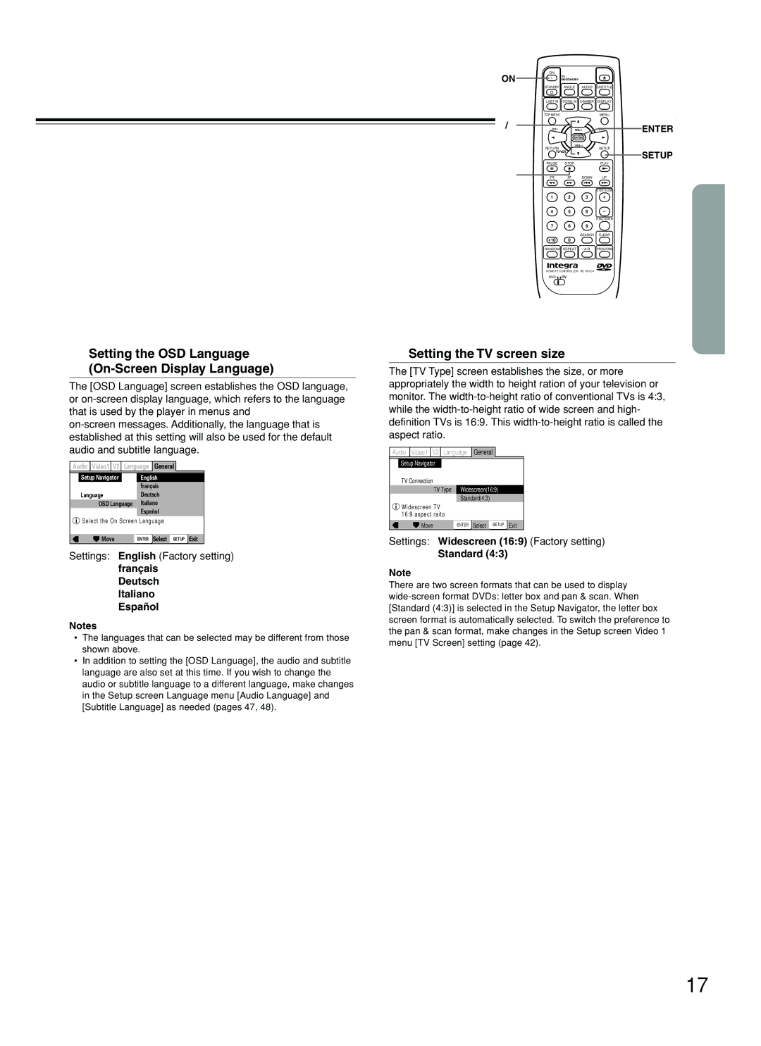 Integra DPS-5.2 Setting the OSD Language On-Screen Display Language, Setting the TV screen size, Deutsch Italiano Español 