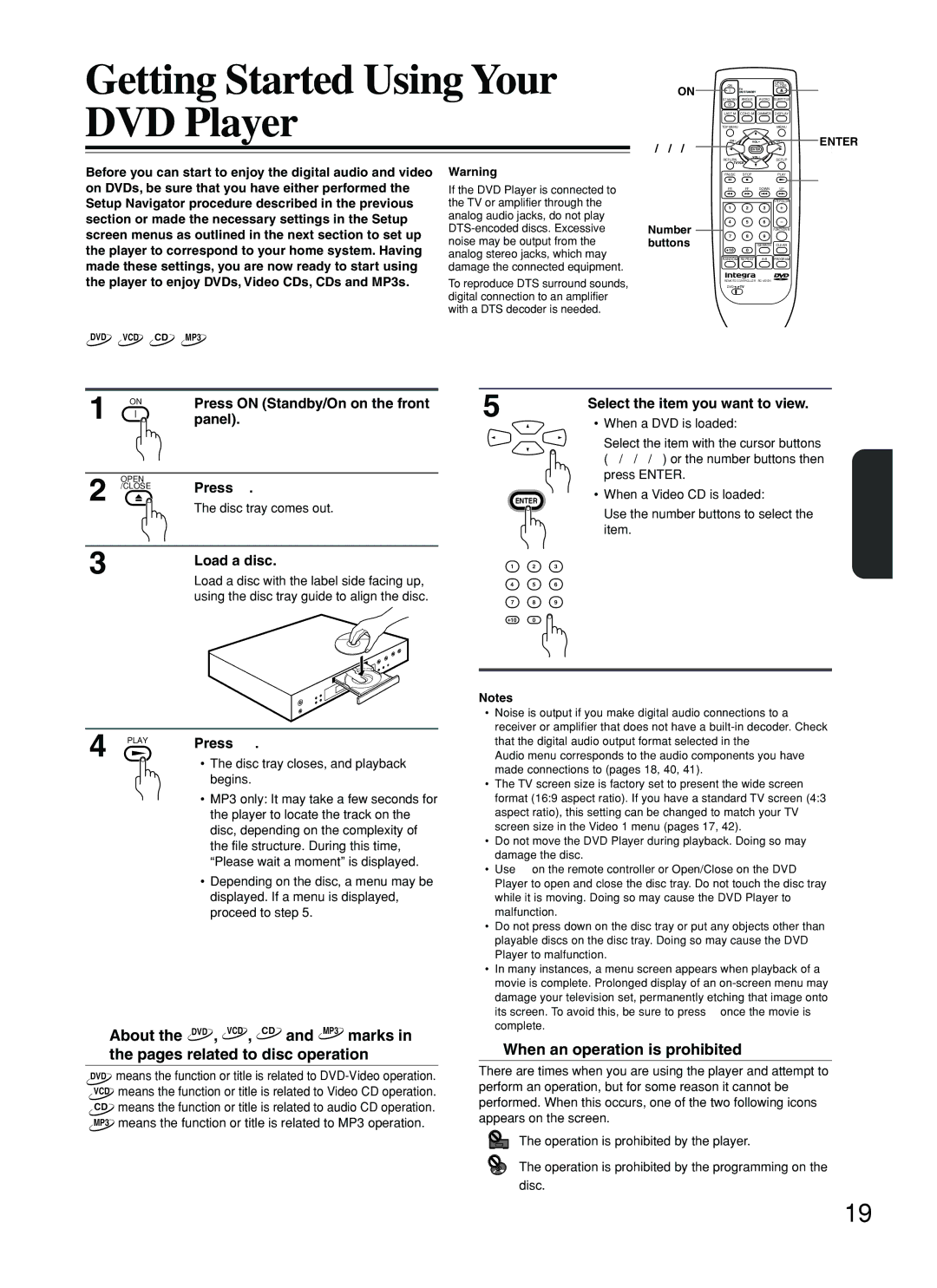 Integra DPS-5.2 instruction manual Getting Started Using Your DVD Player, Playing DVDs, Video CDs, CDs and MP3s 