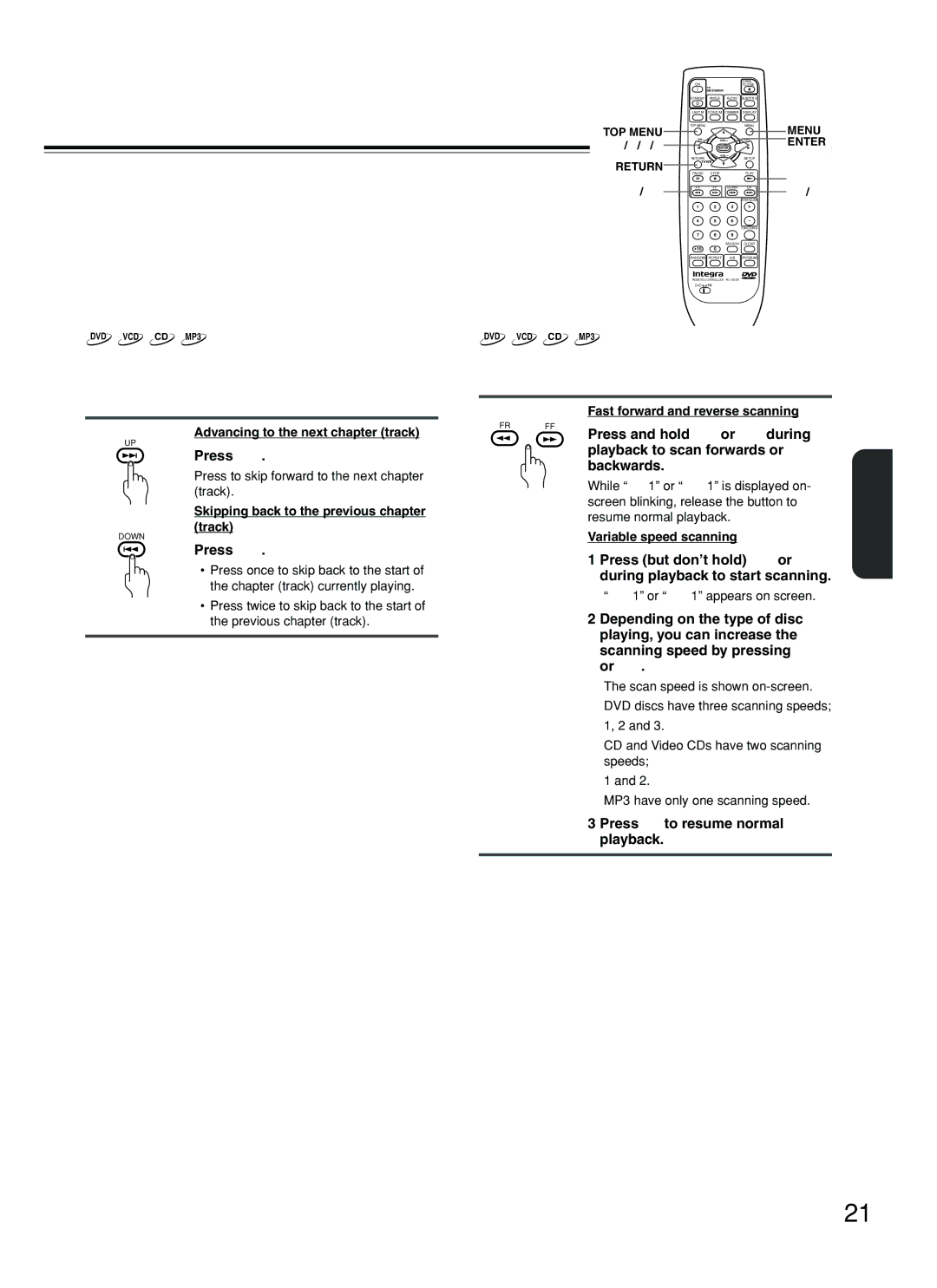 Integra DPS-5.2 instruction manual Chapter Track Skip Forward/Skip Back, Forward and Reverse Scanning, Press ¢ 