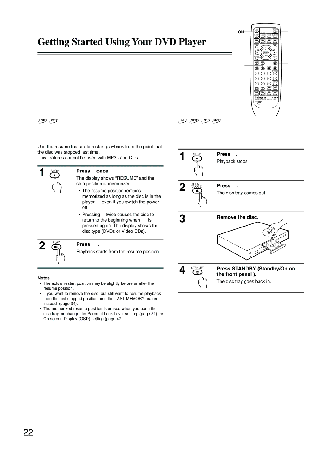 Integra DPS-5.2 instruction manual Resuming playback from where you stopped, Stopping Playback and Switching Power Off 