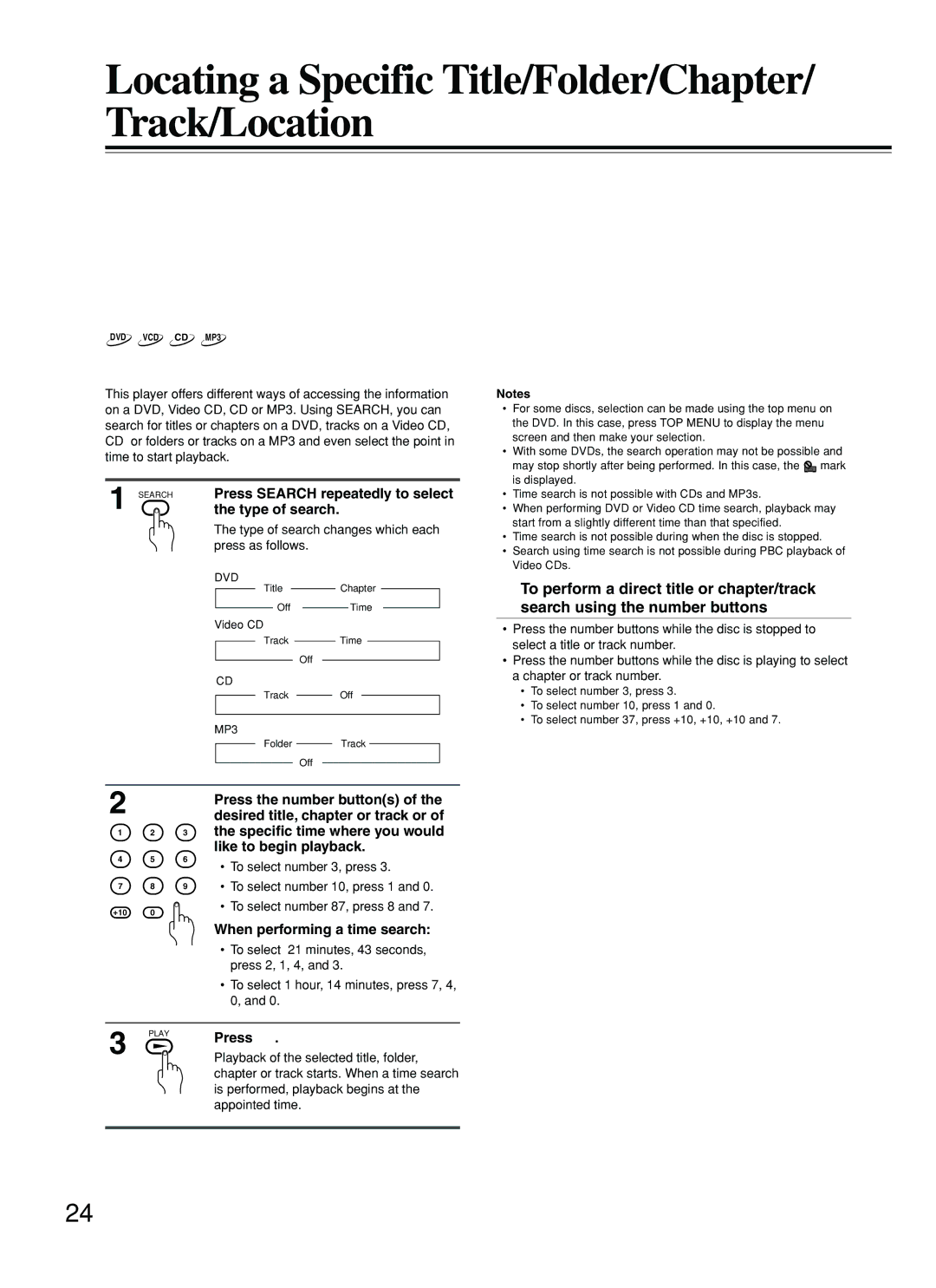 Integra DPS-5.2 instruction manual Locating a Specific Title/Folder/Chapter/ Track/Location 