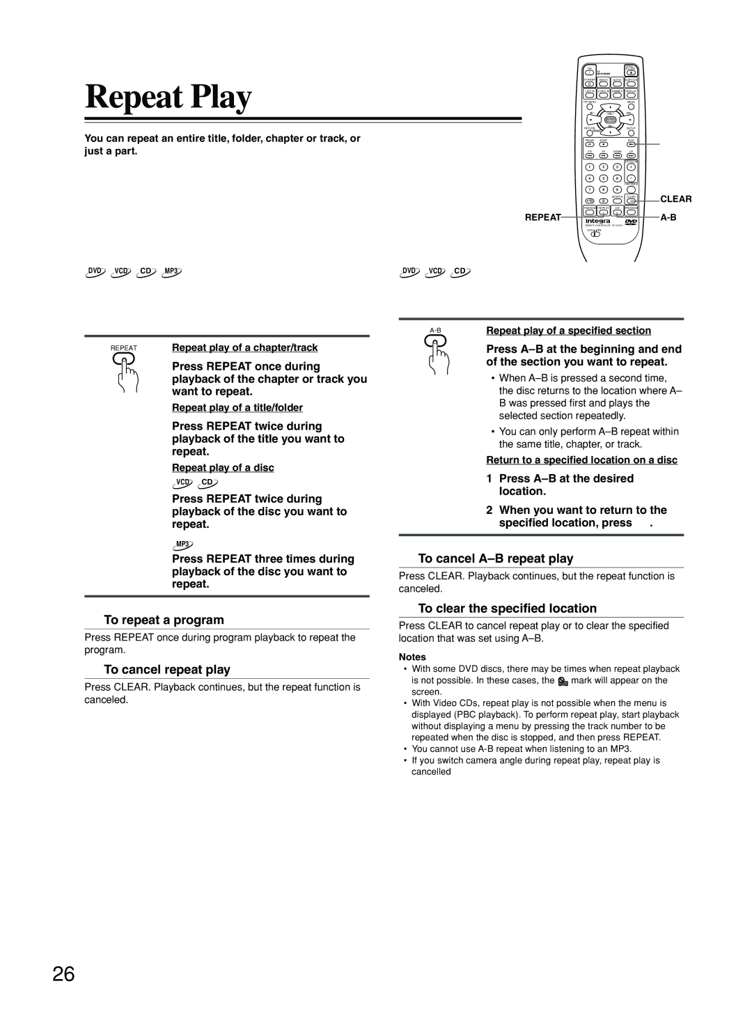 Integra DPS-5.2 instruction manual Repeat Play, Repeating a Title, Folder, Chapter or Track, Repeating a Specific Segment 