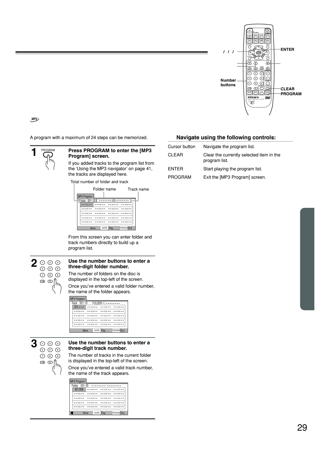 Integra DPS-5.2 instruction manual Programming MP3s, Press Program to enter the MP3, Program screen 