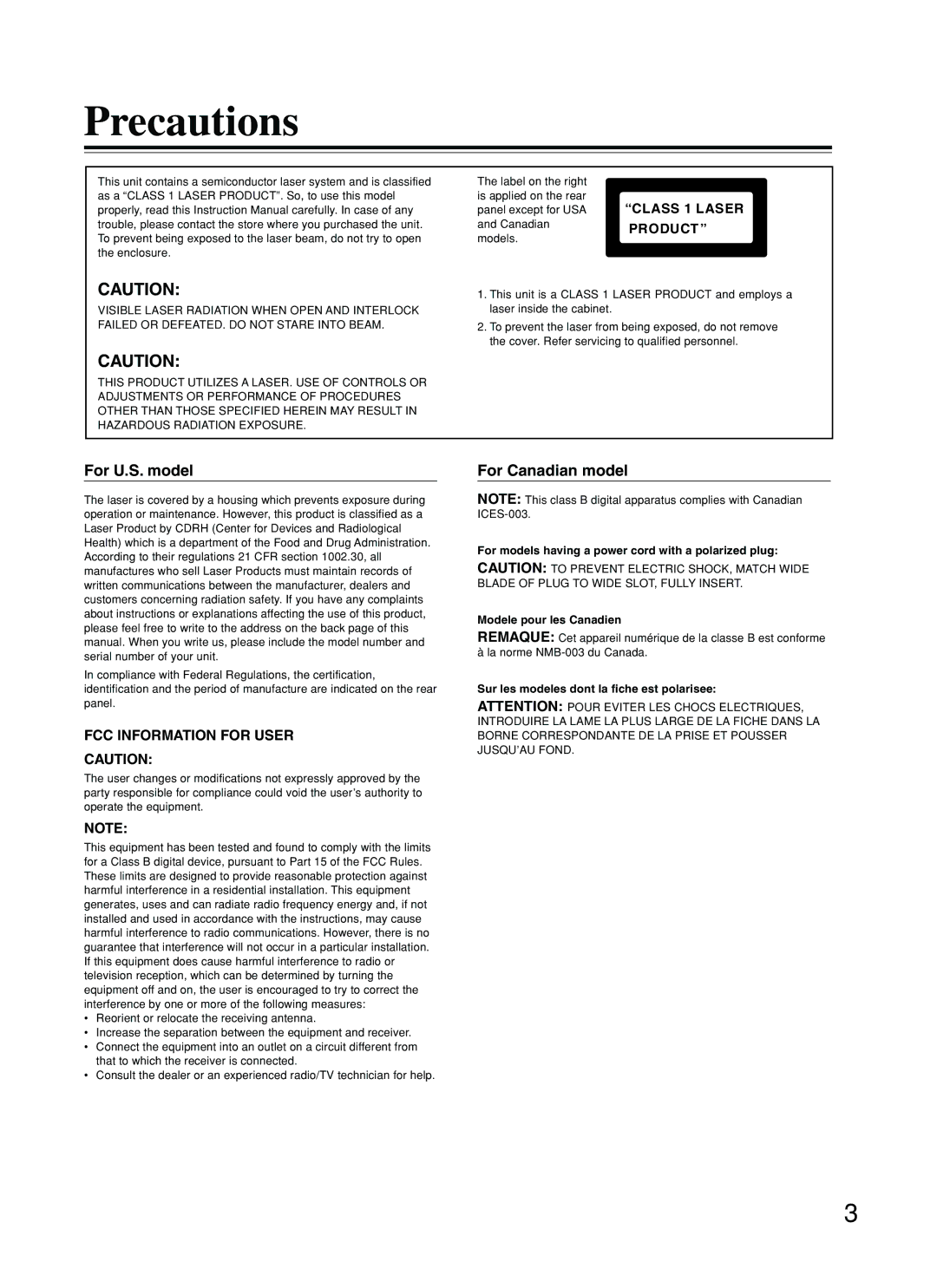 Integra DPS-5.2 Precautions, For U.S. model, For Canadian model, Sur les modeles dont la fiche est polarisee 