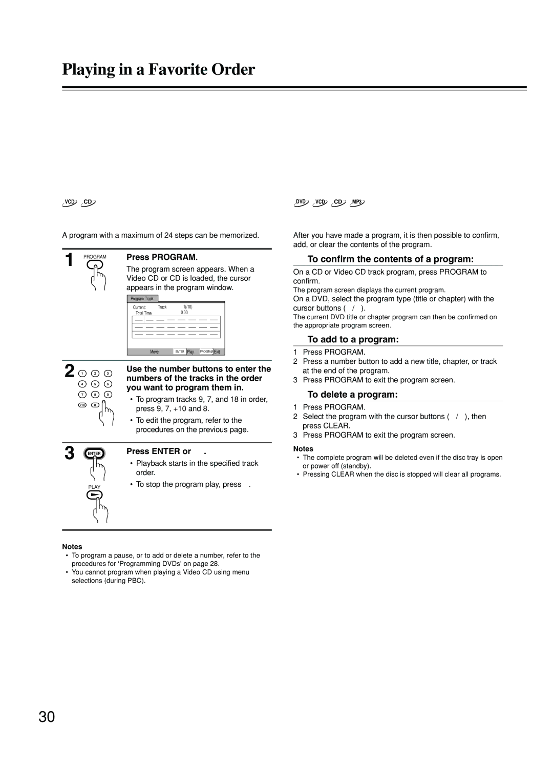 Integra DPS-5.2 instruction manual Playing in a Favorite Order, Programming Video CDs, CDs, Additional programming options 