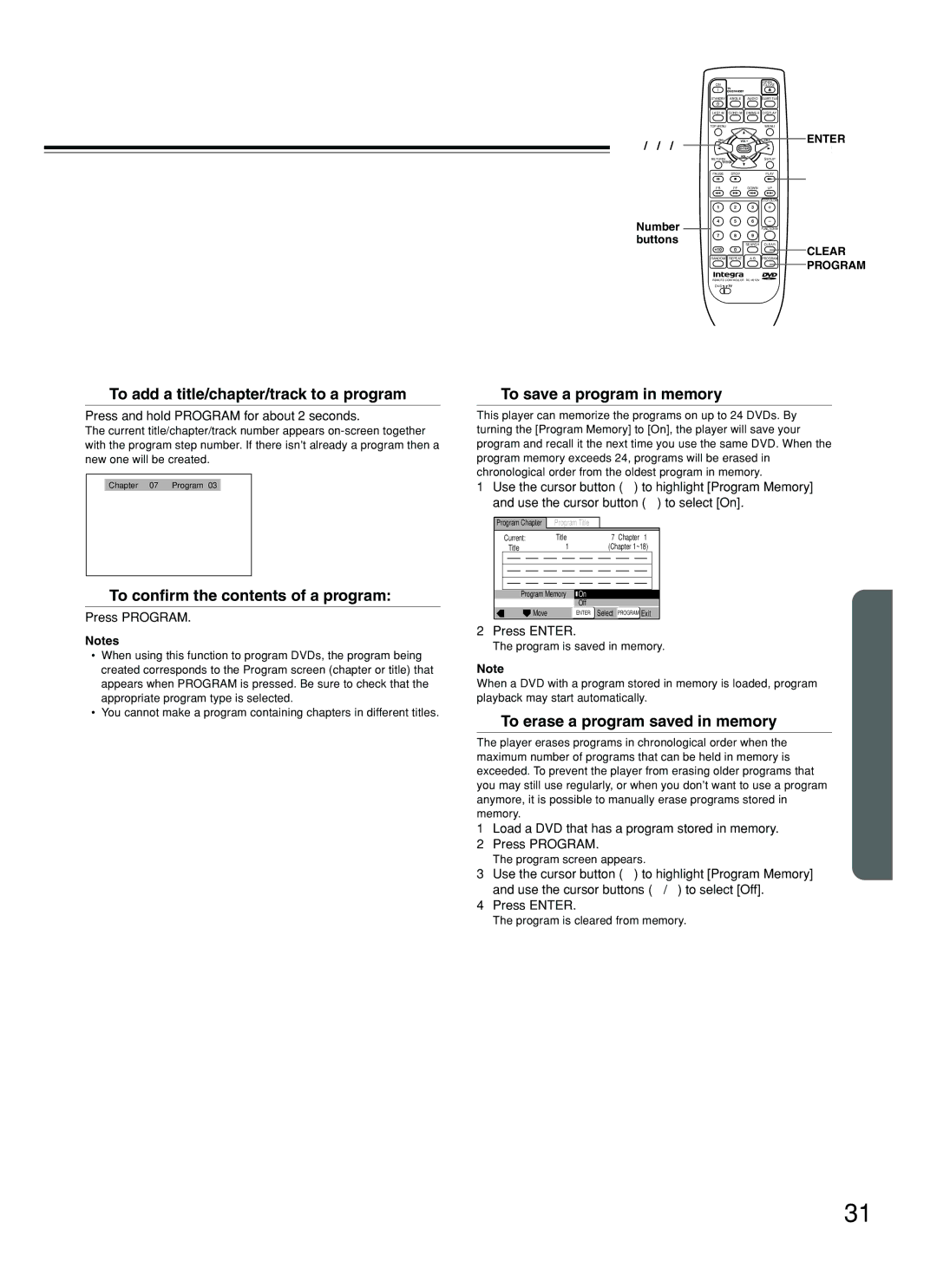 Integra DPS-5.2 To add a title/chapter/track to a program, To save a program in memory, To erase a program saved in memory 